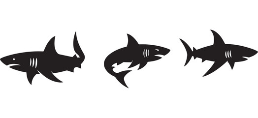 Set of Three Tribal Shark Silhouettes in Black – Stylized Ocean Predator Vector Icons for Modern Tattoo Art, Surf and Dive Branding, eSports Logos, and Graphic Design Collections