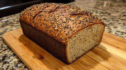 Artisan Loaf of Bread with Seeds on Wooden Board