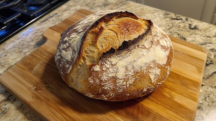 Artisan sourdough bread crusty and golden brown on wooden board