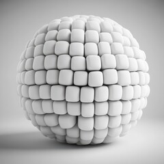 A sphere composed of numerous small, uniformly sized, off-white cubes, creating a textured, three-dimensional effect against a light gray background