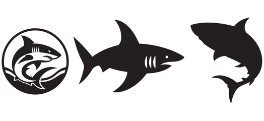 Set of Three Tribal Shark Silhouettes in Black – Stylized Ocean Predator Vector Icons for Modern Tattoo Art, Surf and Dive Branding, eSports Logos, and Graphic Design Collections