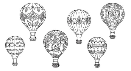 Hot air balloons coloring page line art illustration drawing outline sketch design pattern balloons in black and white for adult coloring book. can use for print , coloring and card design