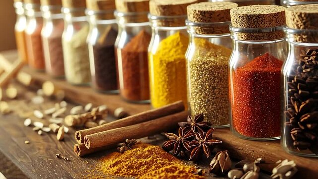 Colorful spice jars and ingredients on a wooden surface