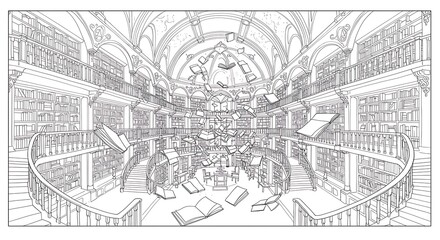 Obraz premium Library interior illustration with flying books and bookshelves in a detailed line drawing style art in black and white for adult coloring book. can use for print , coloring and card design