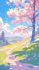 Retro spring flowers landscape illustration poster background