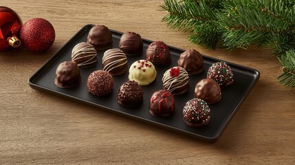 Delicious Chocolate Truffles on a Tray with Festive Decorations