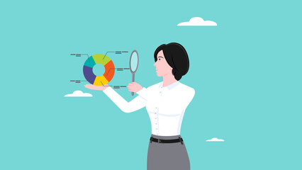 data analyst concept, Financial Analyst Or Consultant, analysis of economic growth graphs, business growth analysis, businesswoman analyze data with magnifying glass vector illustration flat style