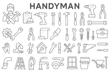 Handyman tools and equipment collection with various construction tools and accessories in line art style, including hammer, wrench, and drill icon set