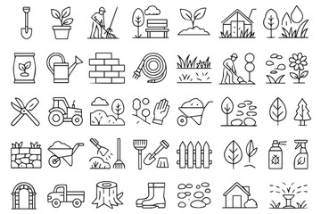 A collection of various gardening and outdoor icons, including tools, plants, flowers, and landscaping elements, ideal for any green space or DIY project line art icon set