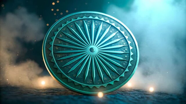 Majestic Teal Circular Shield with Intricate Design Rests on Dark Surface Surrounded by Mystical Smoke and Glowing Particles a Symbol of Protection and Power