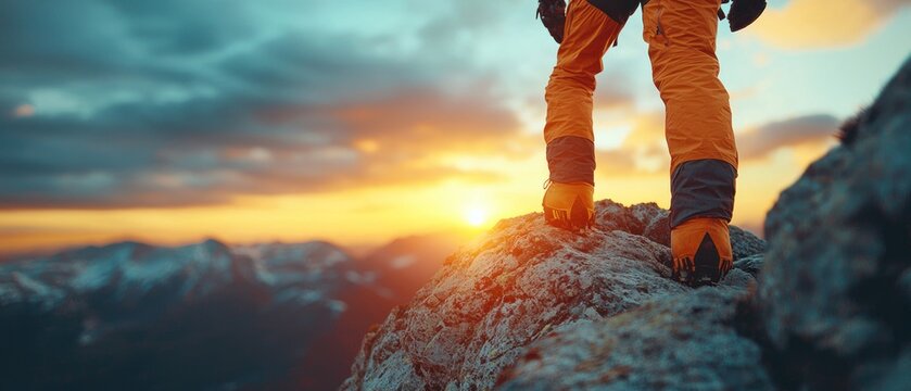 A climber stands on a rocky peak, gazing at a vibrant sunset over snow-capped mountains