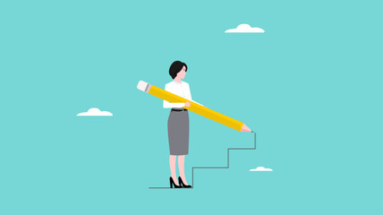 progress towards success or career success, journey to achievement business success, career progress concept, career success with creative skill, businesswoman climbs stairs made with pencil lines