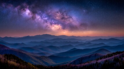 Fototapeta premium Majestic Milky Way illuminates a serene mountain landscape at night with vibrant colors and stars