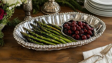 Elegant silver platter with roasted asparagus and cherries