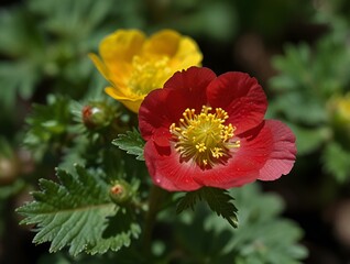 Beautiful red poppy and anemone flowers bloom in a vibrant summer garden, showcasing nature's delicate beauty