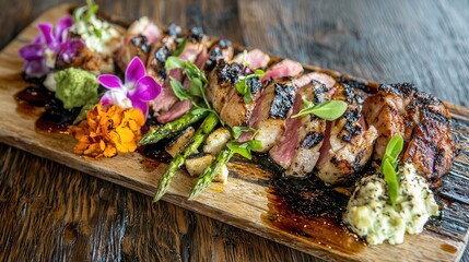 Grilled Meat Slices with Asparagus and Flowers on Wooden Board