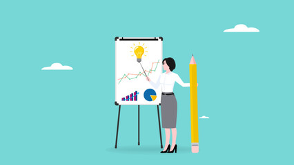 explain an idea or solution for business growth, smart businesswoman explaining business strategy on white board with business graph