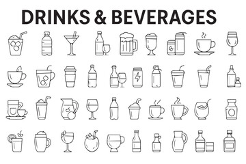 Vector icons of different drinks and beverages including coffee, cocktails, soda, water, and juice in cups, bottles, and glasses Line art icon set