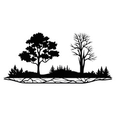 Two trees with visible branches and roots, surrounded by smaller trees and plants.