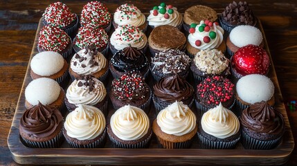 Assorted Delicious Cupcakes on Wooden Tray