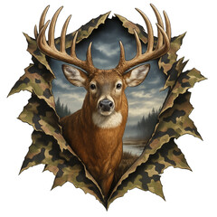 Whitetail Buck Torn Camo PNG Deer Hunting Graphic, Realistic Wilderness Scene with Forest