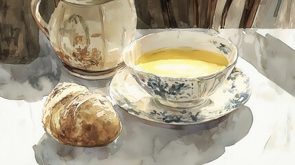 Watercolor painting of tea pastry and creamer