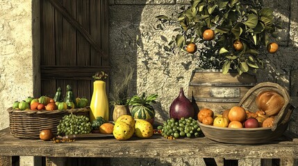 Rustic Still Life of Fruits and Vegetables on Wooden Table