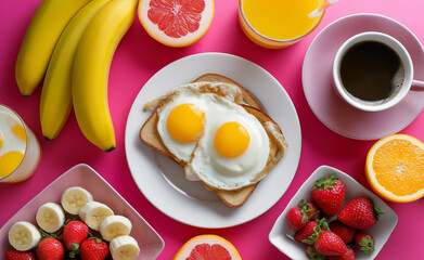 Colorful breakfast spread with sunny-side-up eggs on toast, fresh fruit, coffee, and juice on a vibrant pink background.  
