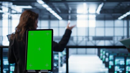 Close up of mockup tablet and data center engineers developing disaster recovery plans. Focus on isolated screen device in front of server farm colleagues testing failover scenarios, camera B