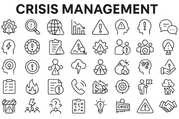 Vector icons representing crisis management actions, such as disaster response, risk assessment, and team coordination Line art icon set