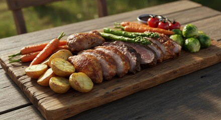 Rustic Wooden Platter Roast Dinner - Sliced roast duck, roasted potatoes, carrots, asparagus, brussels sprouts, and cherry tomatoes arranged on a rustic wooden platter. Symbolizing abundance