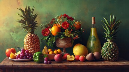 Still Life with Fruit Flowers and Bottle