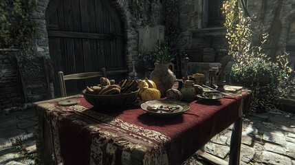 Rustic Table Setting with Fruits and Herbs in Sunlit Courtyard