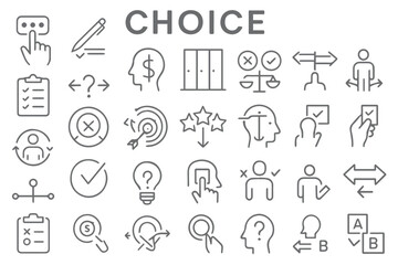 A collection of minimalistic icons illustrating decision making, choices, and options, perfect for use in conceptual, business, or mental health topics line art icon set