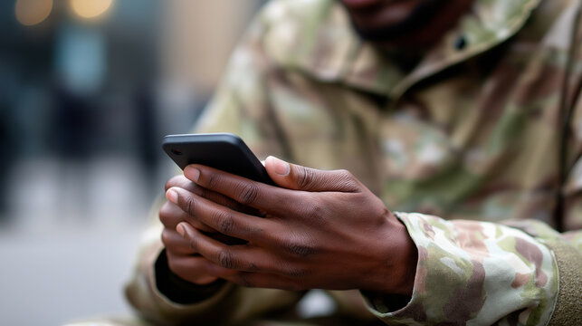 Close-up of a person in military uniform using a smartphone outdoors in an urban setting.  
 - Powered by Adobe