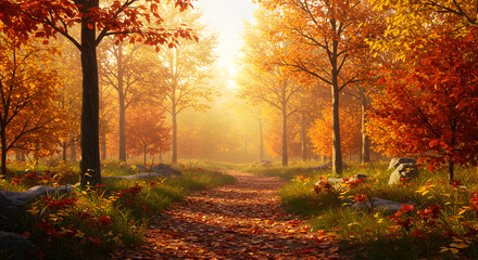 Fototapeta premium Autumn Forest Path: Golden Leaves, Sunrise Scenery