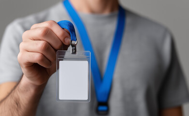Person holding a blank ID badge with a blue lanyard, ready for customization or identification.  
