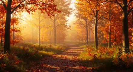 Autumn Forest Path: Golden Leaves, Sunlight, Fall Scenery