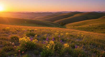 Sunset over Rolling Hills with Wildflowers