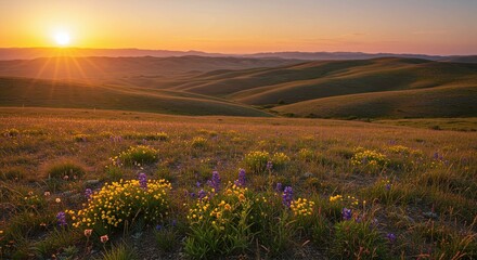 Fototapeta premium Rolling Hills Meadow at Sunrise with Wildflowers