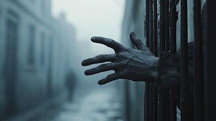 Obraz premium Zombie Hand Reaching Through Prison Bars in Foggy City