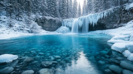 Frozen waterfall cascading into an icy pool reflecting the vibrant hues of the aurora, Generative AI