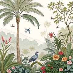 Bird in tropical paradise with flowers and palm trees at sunset