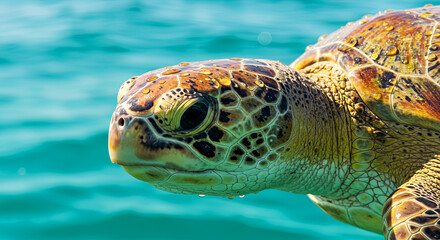 Fototapeta premium Sea Turtle Eye, Textured Skin with Sunlit Water Diamonds