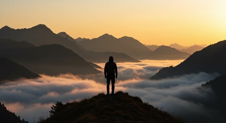 Obraz premium Silhouette Man Enjoying Mountain View at Sunset
