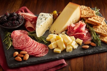 Gourmet cheese platter with assorted meats, fruits, and nuts on a rustic slate board for elegant dining or celebration