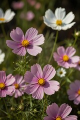 Fototapeta premium Pink and white cosmos flowers bloom beautifully in a summer garden, showcasing their delicate petals and natural beauty
