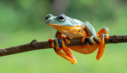 Naklejka premium Javan Tree Frog Sitting on Branch – Flying Frog Close-Up in Natural Habitat
