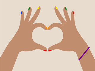 Two hands with colorful nails form heart shape, expressing love and unity, with purple bracelet on one wrist against light background