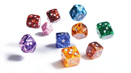 Colorful dice in mid-air, various hues,  with marbled patterns,  against a white background